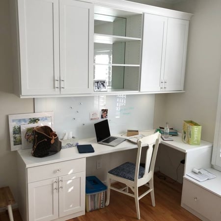 A white office desk complemented by cabinets above it.