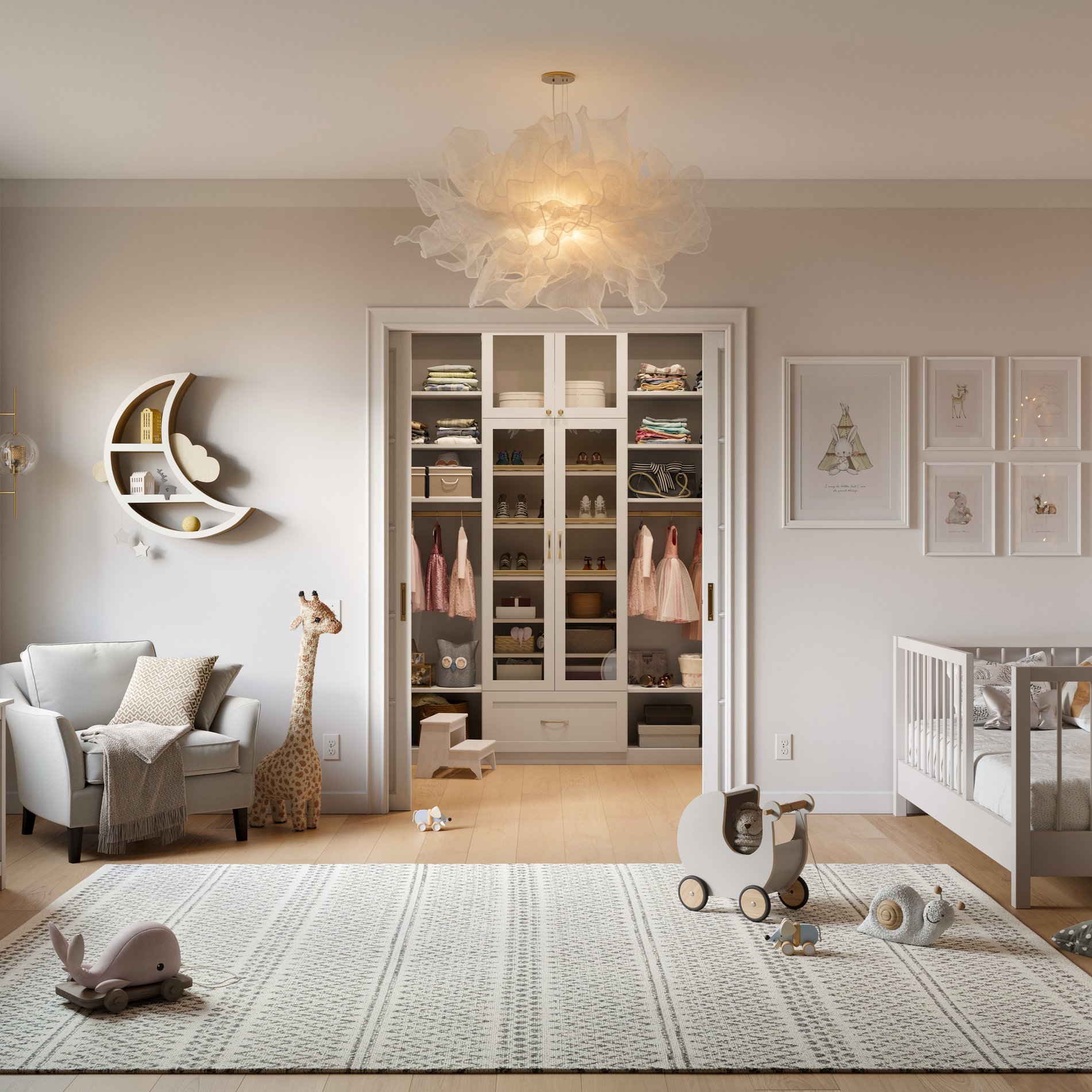 A light, warm gray kids closet with glass cabinet doors.