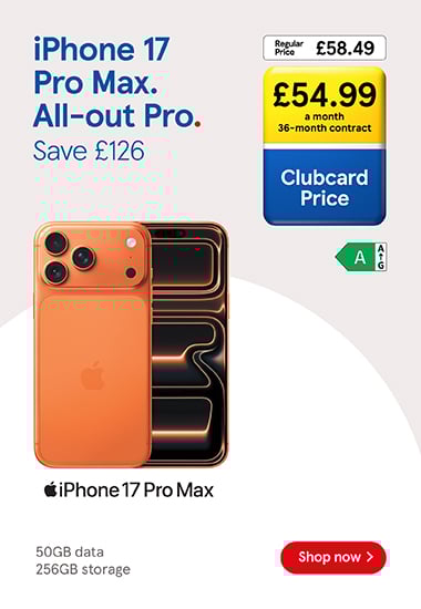 Save on iPhone deals with frozen Clubcard prices at Tesco Mobile, Shop now!