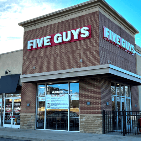 Photo of the entrance to the Five Guys restaurant at 2515 Wilson Road in Highland Heights, Kentucky.