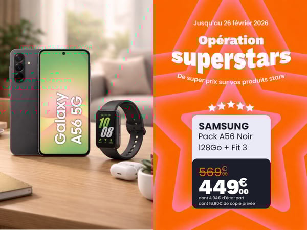 Smartphone Samsung A56 Noir 128 Go avec montre connectée Fit 3, Produit Super Star en promotion chez Boulanger Toulouse Colomiers