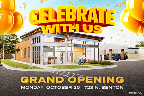 text: celebrate with us. Grand opening Monday, October 20.