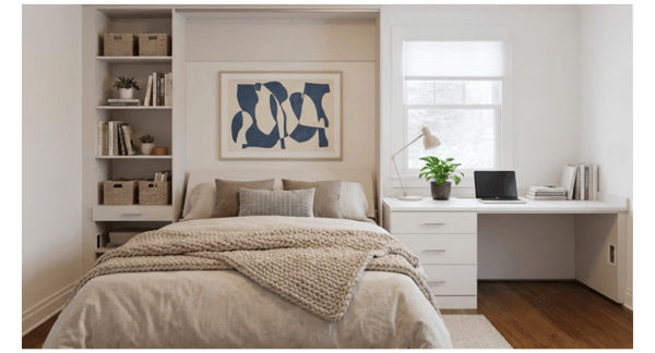 Light wood wallbed with bookshelves and built-in desk