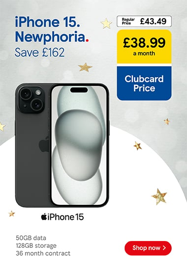 Save £162 on an iPhone 15 deal with Clubcard Prices at Tesco Mobile, Shop now