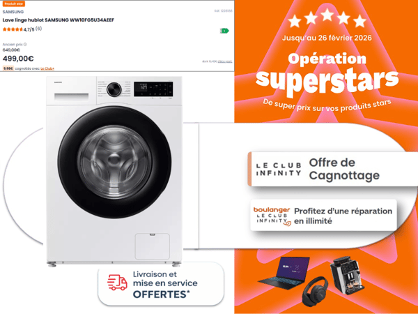 Le lave-linge hublot Samsung WW10FG5U34AEEF AI ecobubble est un modèle connecté et performant idéal pour les familles ou les grandes lessives grâce à sa capacité de 10 kg. Il intègre la technologie AI ecobubble™, qui optimise le lavage même à basse température en créant des bulles qui pénètrent efficacement les fibres textiles, tout en réduisant la consommation d’énergie.

Ce modèle propose aussi le Mode AI Energy pour diminuer jusqu’à 70 % la consommation électrique, une vitesse d’essorage jusqu’à 1400 tr/min, des programmes vapeur hygiénique, et une connectivité Wi-Fi avec l’application SmartThings pour piloter vos cycles à distance.

Avec son classement énergie A, sa silencieux (≈72 dB) et ses nombreuses options (départ différé, nettoyage du tambour, programmes rapides), il offre un excellent rapport performance/prix pour un usage quotidien.

Rendez-vous dans votre magasin boulanger la roche sur yon