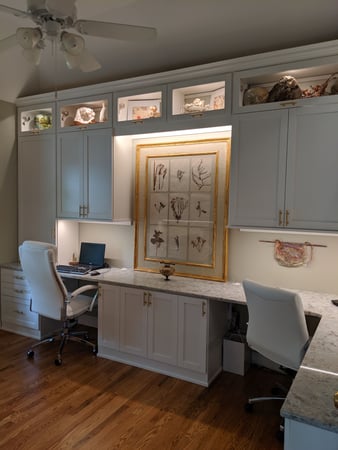 Transitional white office space with framed art
