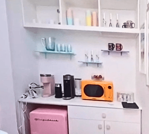 California Closets Manhattan New York City Custom White Coffee Bar with Custom Shelving and Drawers for Coffee, Fridge Storage and Kitchenware Pantry Storage