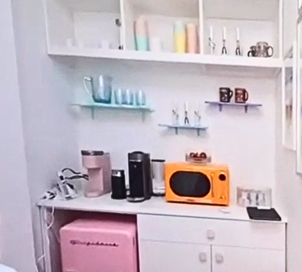 California Closets Manhattan New York City Custom White Coffee Bar with Custom Shelving and Drawers for Coffee, Fridge Storage and Kitchenware Pantry Storage