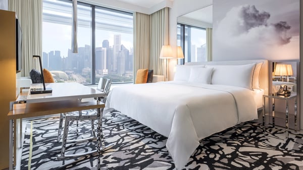 The inside of Marriott Hotel room with a large king sized bed and a view of a city skyline.