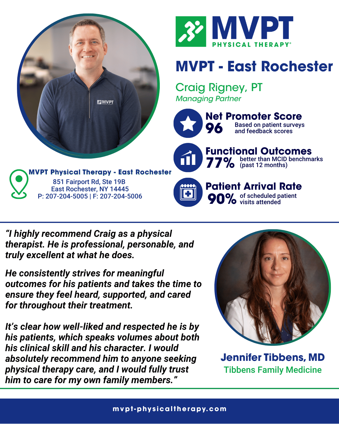 Managing Partner of MVPT Physical Therapy, Craig Rigney, PT Outcome Measures and Jennifer Tibbens, MD of Tibbens Family Medicine recommendation