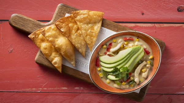 Soups from Salsa Mexican Grill Loftus Park – vegetarian Corn Soup, Chicken Tortilla Soup, and Chicken soup served with crispy tortilla chips.