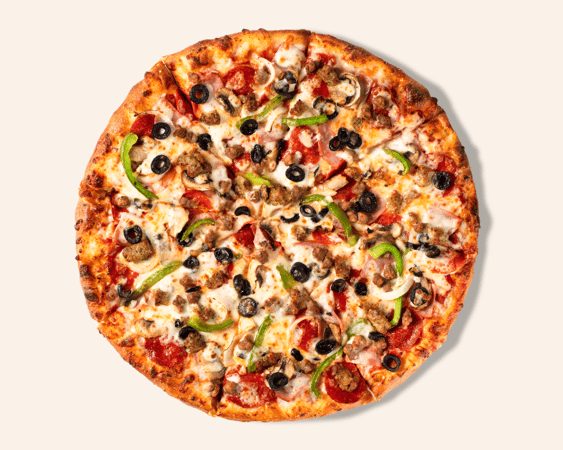 Pepperoni, ham, Italian sausage, beef, fresh onions, fresh green peppers, fresh mushrooms and black olives, all sandwiched between two layers of provolone and cheese made with 100% real mozzarella.