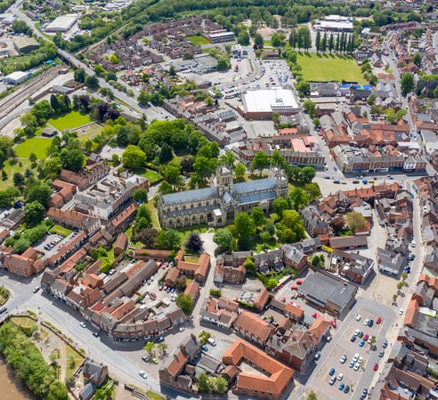 Aerial photo of the village town centre of Selby in York