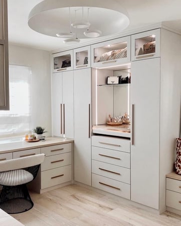 Luxe white walk-in closet with gold accents