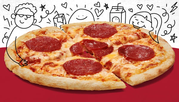 A MOD pepperoni kids meal pizza is on a red foreground. Doodles featuring happy children enjoying pizza are in the background.