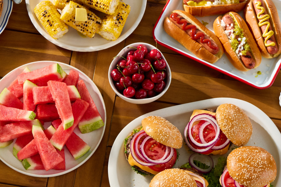 Labor Day hamburgers hot dogs and fruit