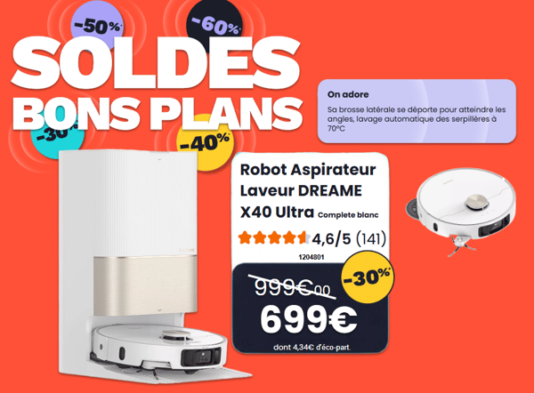 Découvrez l'aspirateur robot laveur Dreame X40 ultra à Niort ! Profitez de l'offre de cagnottage pour acquérir cet aspirateur robot laveur Dreame X40 ultra à Boulanger Niort