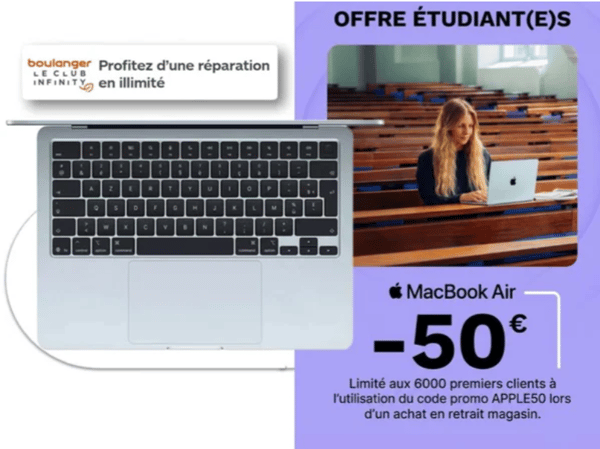 Chers Etudiants, Vous recherchez un MacBook Air à Poitiers? Profitez de cette offre jusqu'au 29/09 pour l'acquisition d'un Macbook Air à Boulanger Poitiers Sud
