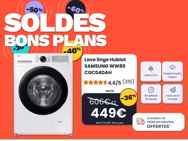 soldes lave-linge hublot samsung ww80 8kg ecobubble programme vapeur machine à laver pas cher promotion hiver 2026 boulanger toulouse colomiers livraison installation offerte