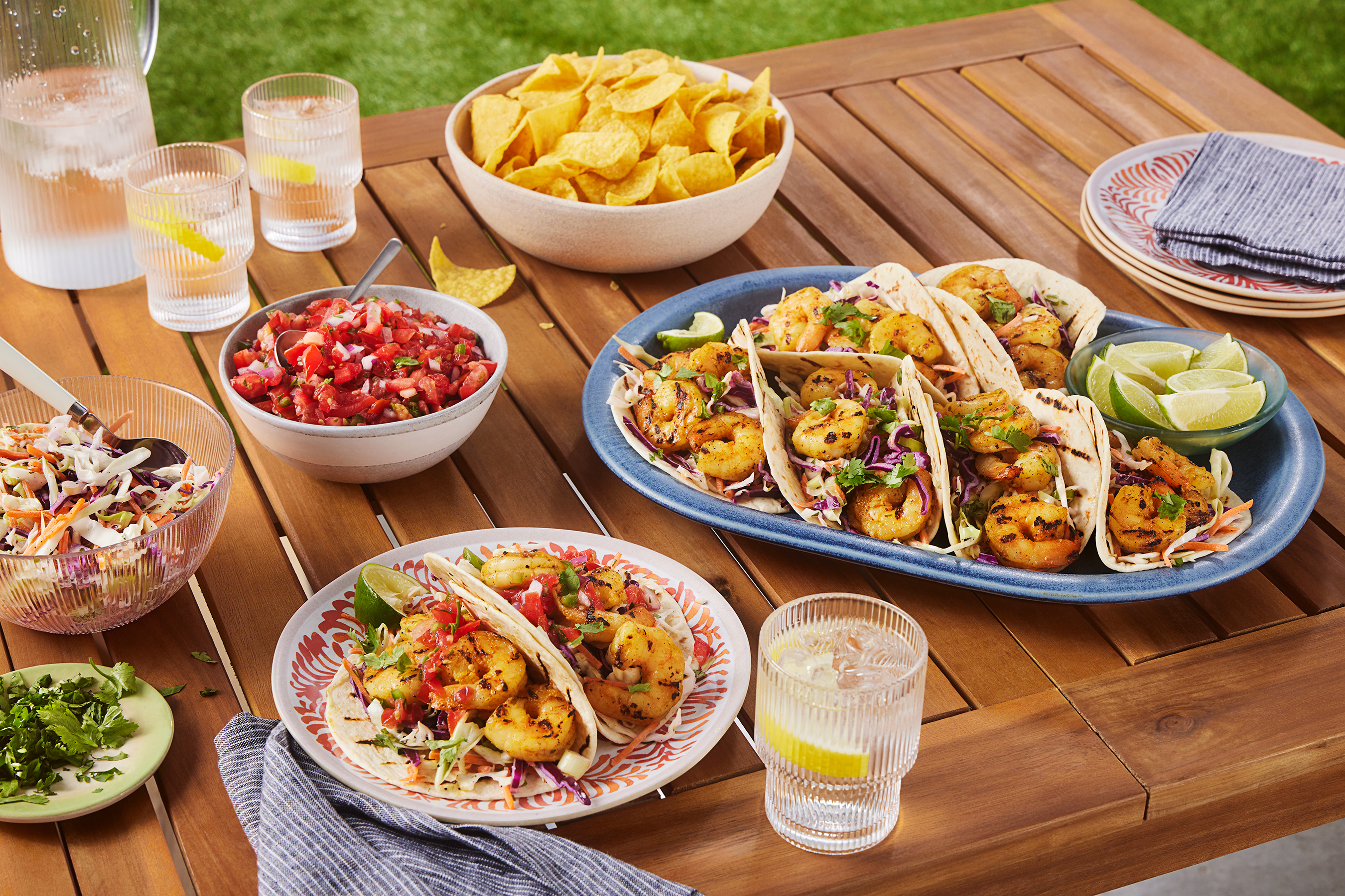 shrimp tacos with chips and salsa