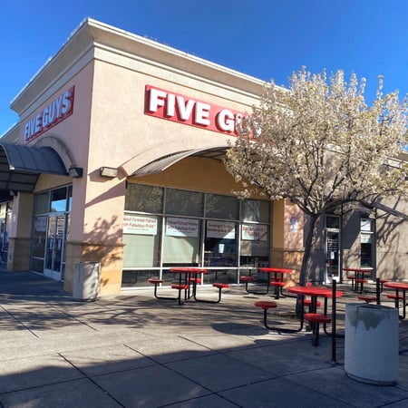 Exterior photograph of the Five Guys restaurant at 2280 Mendocino Avenue in Santa Rosa, California.