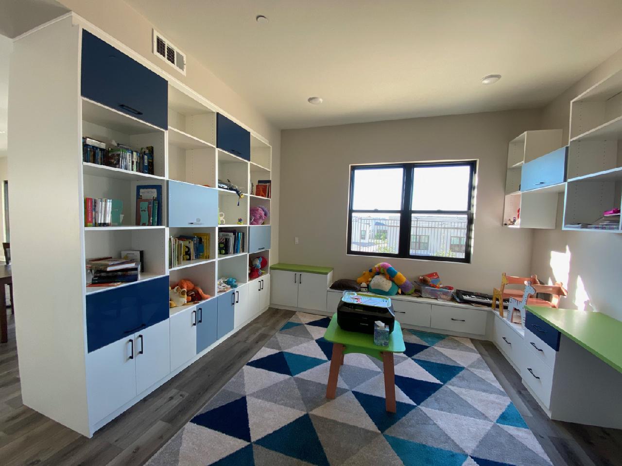 Custom playroom with blue accents.