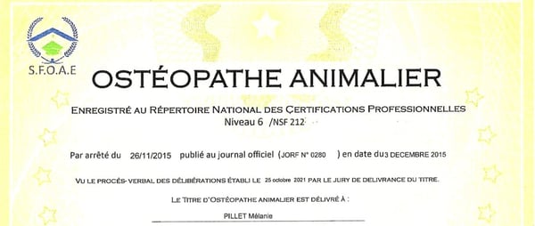 Diplômée de l'École Supérieure d'Ostéopathie Animale d'Annecy (ESOAA) en 2021, après 5 ans de formation.