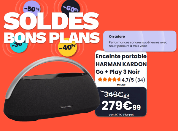 Découvrez L'enceinte portable HARMAN KARDON Go + Play 3 Noir à Niort ! Profitez de l'offre Bons plans avec votre magasin Boulanger Niort