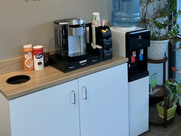 Interior photo of the complimentary coffee for AudioNova hearing clinic in Fairview Park, OH