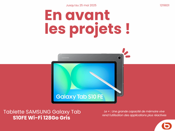 découvrez la Tablette SAMSUNG Galaxy Tab S10FE Wi-Fi 128Go Griss dans votre magasin Boulanger Boulogne-Sur-Mer