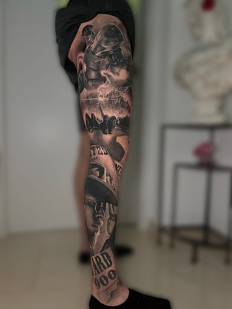 Tattoo Realism Black and Grey - Movie Fans Composition - Full leg Project.