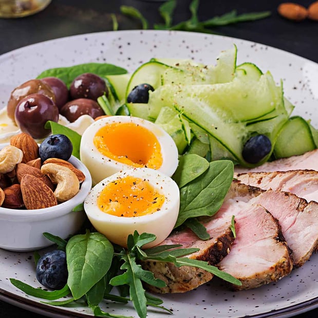 Keto meal with pork, hard-boiled eggs, olives, nuts and salad