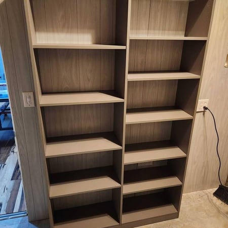 Wood-finish shelves that blend function and style.