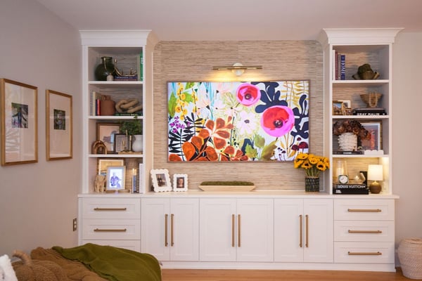 Custom Media and Entertainment Center with Countertop and Shelving. Drawer banks for storage by California Closets of Philadelphia and Delaware