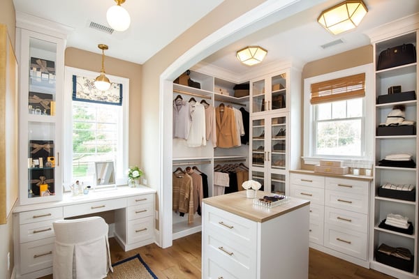 Custom Walk-In Closet with Vanity Table and Island by California Closets of Philadelphia and Delaware