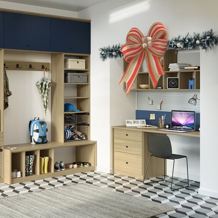 California Closets - Raleigh - Custom built-in desk with drawers; wall storage with shelves, cubbies, and hooks.