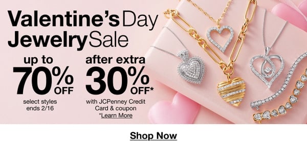 Save up to 70% off plus an extra 30% off during JCPenney's Valentine's Day Jewelry Sale!