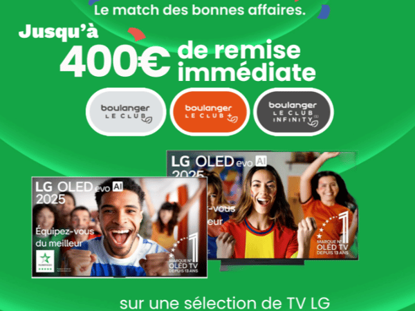 Jusqu'à 400€ de remise immediate sur une sélection de TV LG du 06 au 21 mai 2026 dans votre magasin Boulanger sarcelles
