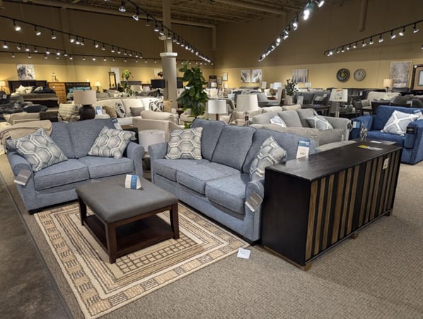 Amery Slumberland Furniture blue sofa and loveseat with matching pillows