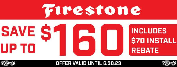 Get up to $160 IN SAVINGS on a set of 4 installed Firestone Tires!

Offer valid until 6.30.2023