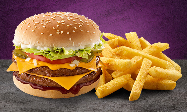 King Steer® burger with chips on a small place on a grey surface with a grey background.
