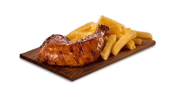 Quarter chicken with small chips on a wooden board, placed on grey surface with a purple background.