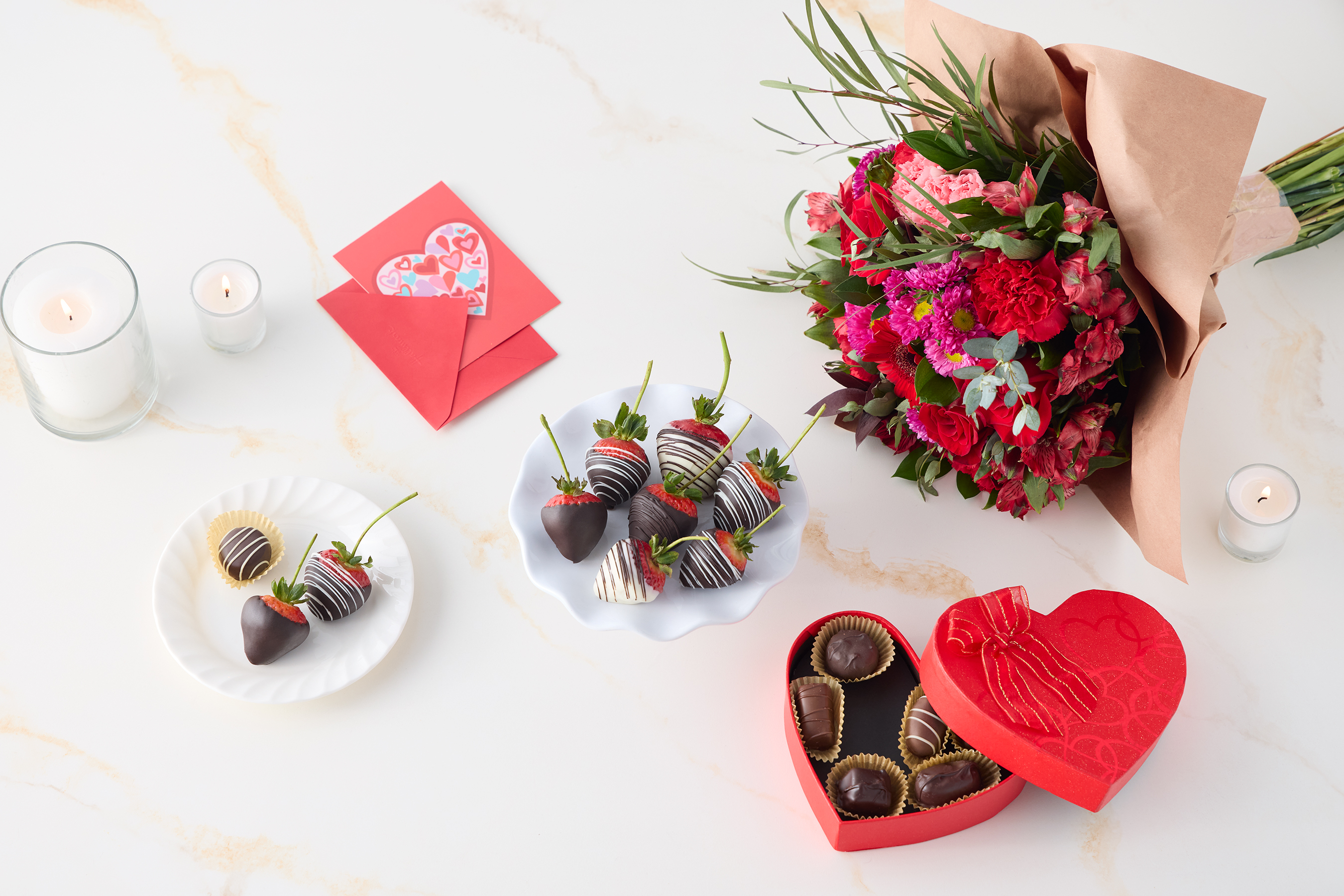 valentines day chocolate covered strawberries and flowers