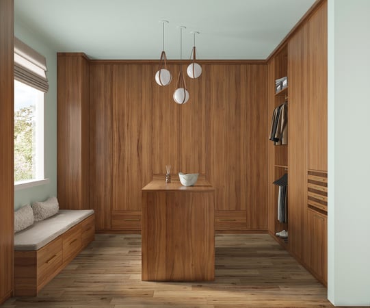 Walk-In closet in warm wood finish by California Closets Norwalk, Connecticut