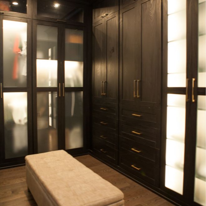 Custom Walk-In for Him with Frosted Doors and Lighting