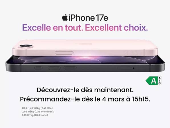 L'iPhone 17e débarque dans votre magasin Boulanger Saint Pierre des Corps : le nouvel iPhone à petit prix, venez profiter de sa sortie dans votre boutique, ainsi que du paiement en plusieurs fois sans frais et l'assurance Apple Care pour plus de sécurité