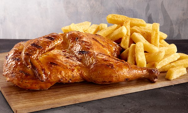 A Flame-Grilled ½ chicken with a medium portion of Famous Hand-Cut Chips from Steers® , against a purple and grey background.