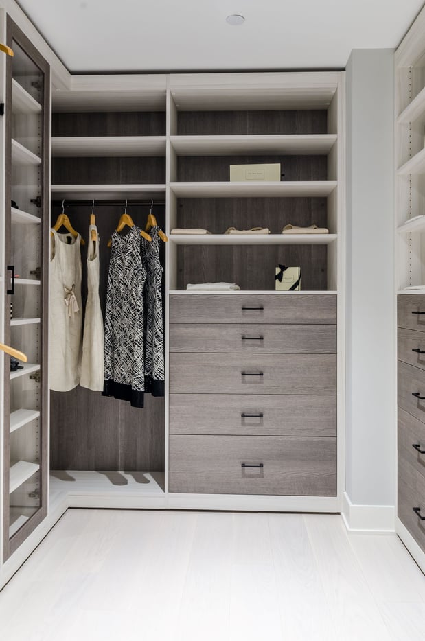white and gray two tone walk-in closet bronze handles hanging  and shelving california closets new york westchester