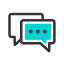 Stylised icon of two messages one coloured in turquoise with 3 grey dots