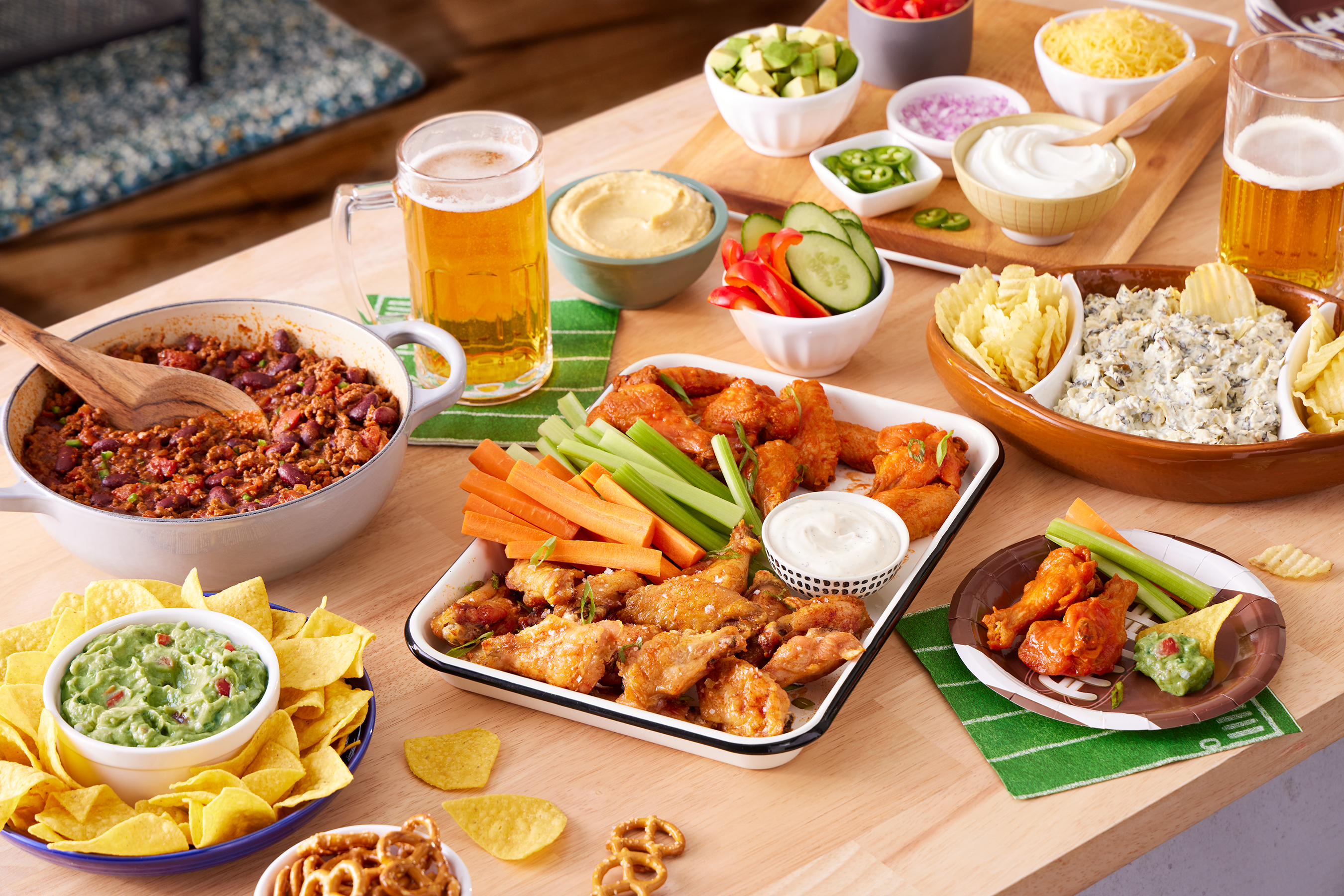 chicken wings and dip for a tailgate party